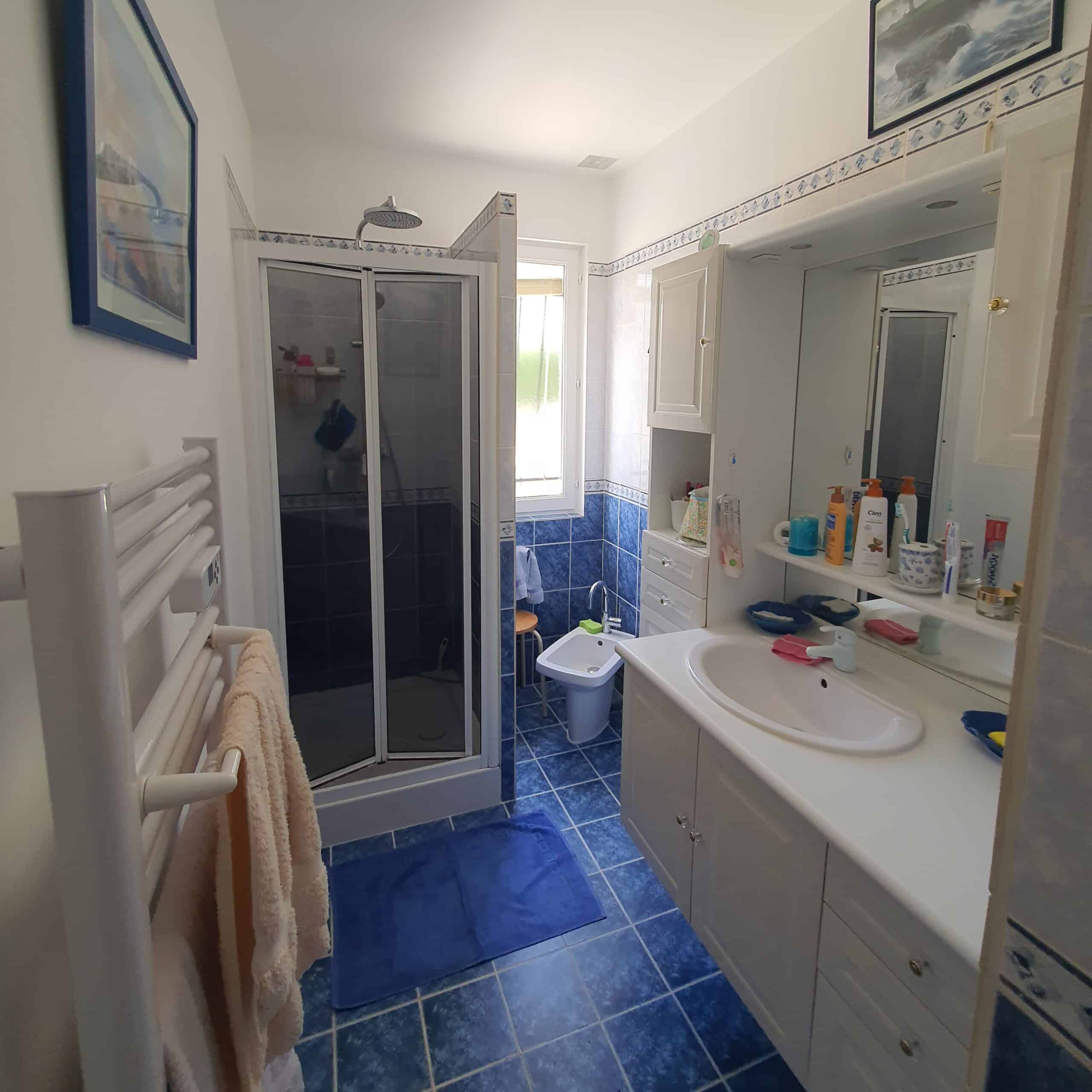 Salle de bain lumineuse avec carrelage bleu, douche, bidet, lavabo blanc, sèche-serviettes et une affiche marine encadrée en bleu.