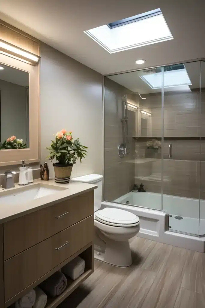 Salle de bain rénovée avec baignoire îlot, douche à l’italienne et double vasque blanche. Design épuré et matériaux haut de gamme.