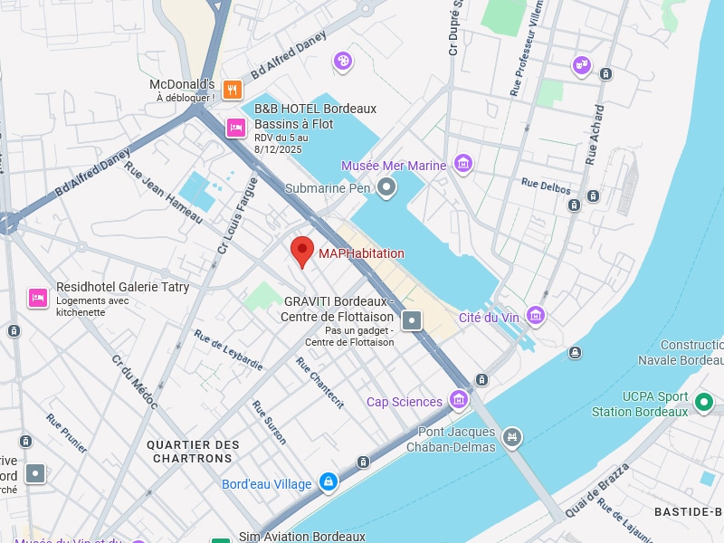 Carte Bordeaux : MAPhabitation, Cité du Vin, Chartrons Carte de Bordeaux montrant MAPhabitation près de la Cité du Vin, Quartier des Chartrons et Quai de Brazza.